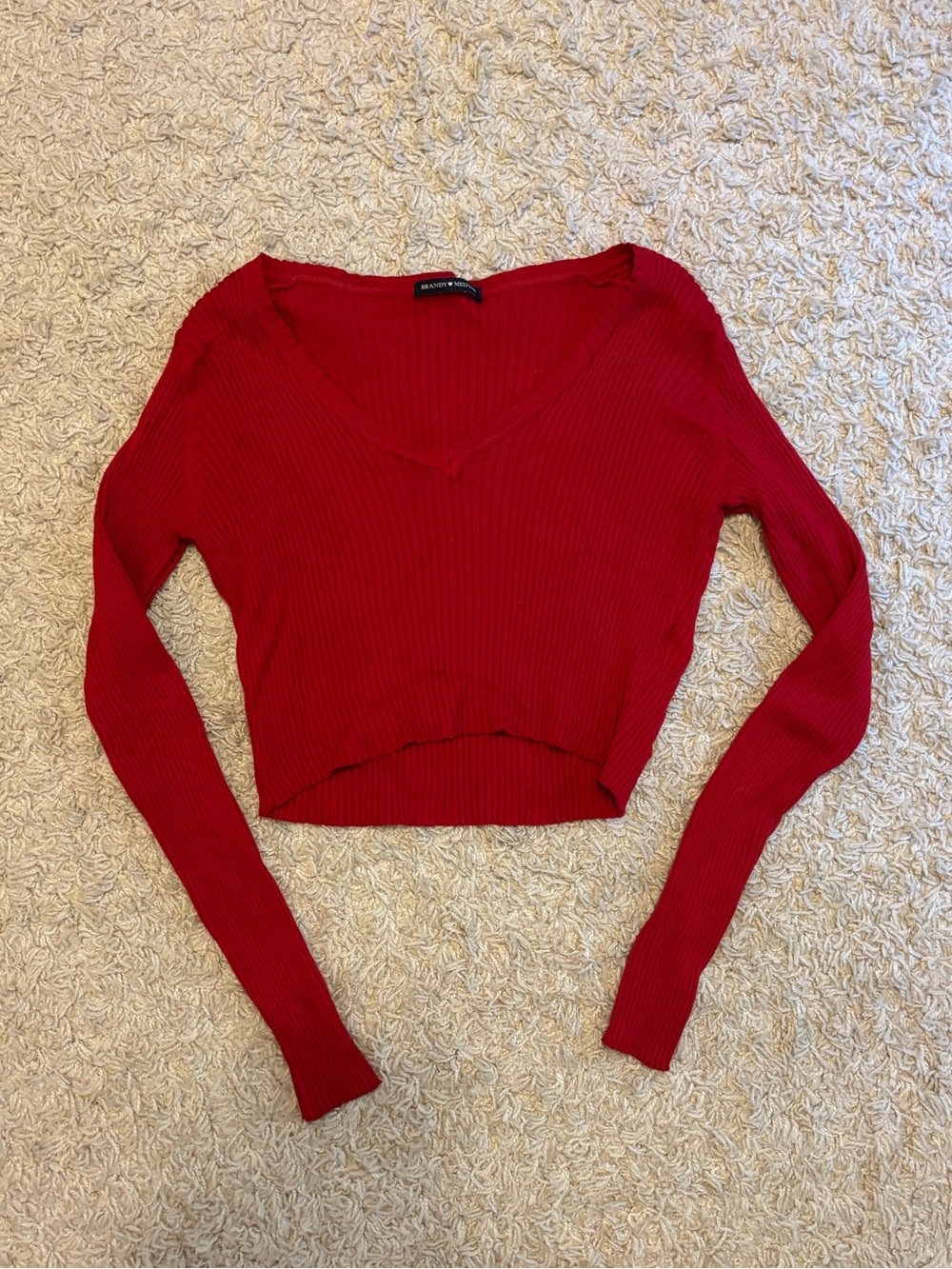 Brandy Melville Red Ribbed V-Neck Cropped Sweater